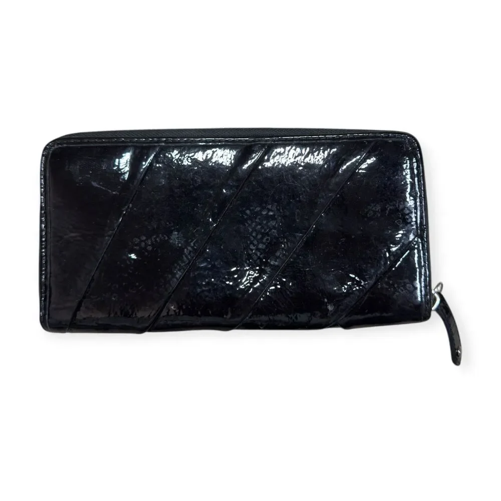 Coach Black Wallet Pleated Patent Leather Accordion‎ Zip Around Diagonal VTG